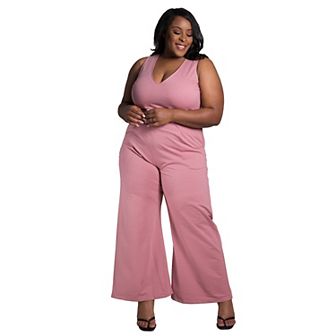 Poetic Justice Women's Plus Size Sleeveless V-Neck Wide Leg Jumsuit