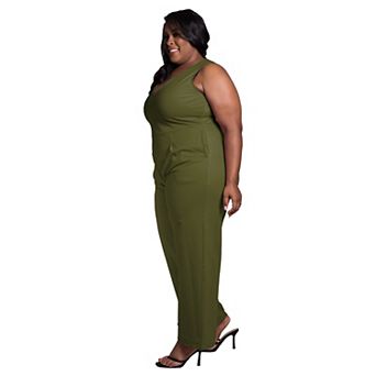 Poetic Justice Women's Plus Size Sleeveless V-Neck Wide Leg Jumsuit