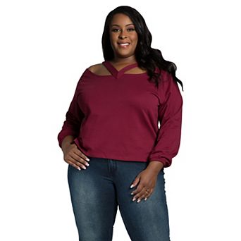 Poetic Justice Women's Plus Size V Self Straps Off Shoulder Long Sleeve Top