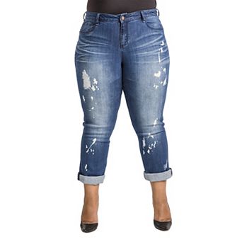 Poetic Justice Plus Size Women's Curvy Fit Bleach Spots Boyfriend Jeans
