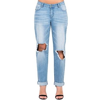 Poetic Justice Women's Curvy Fit Light Acid Wash Destroyed Boyfriend Jeans