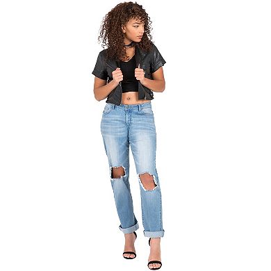 Poetic Justice Women's Curvy Fit Light Acid Wash Destroyed Boyfriend Jeans