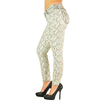 Poetic Justice Women's Curvy Fit Coated Stretch Twill Animal Print Mid Rise Skinny Jeans