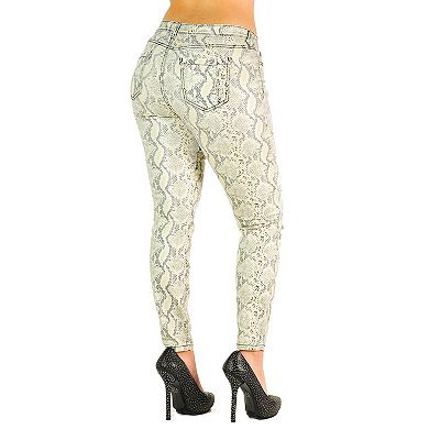 Poetic Justice Women's Curvy Fit Coated Stretch Twill Animal Print Mid Rise Skinny Jeans