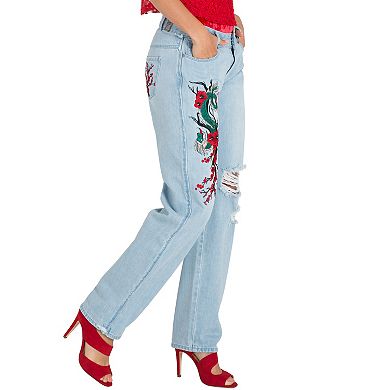 Poetic Justice Women's Curvy Fit Light Wash Dragon Embroidered Mom Jeans