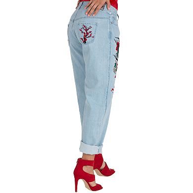 Poetic Justice Women's Curvy Fit Light Wash Dragon Embroidered Mom Jeans