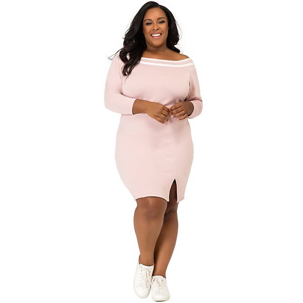 Poetic Justice Plus Size EVA Dusty Atheletic Stripe Off The Shoulder Knee Length Dress Mauve 3X