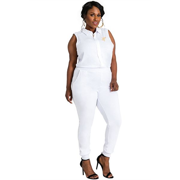 Poetic Justice Plus Size Curvy Women's Sleeveless Stretch Collared Jumpsuit