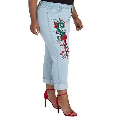 Poetic Justice Plus Size Women's Curvy Fit Light Wash Dragon Embroidered Boyfriend Jeans