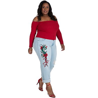 Poetic Justice Plus Size Women's Curvy Fit Light Wash Dragon Embroidered Boyfriend Jeans