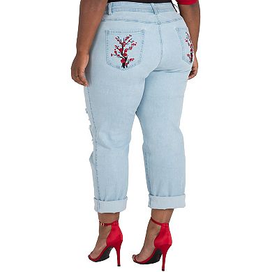 Poetic Justice Plus Size Women's Curvy Fit Light Wash Dragon Embroidered Boyfriend Jeans