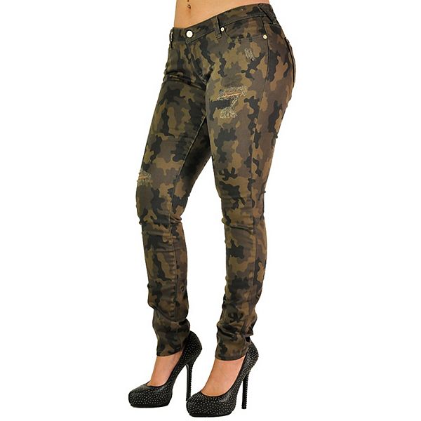 Poetic Justice Women Curvy Fit Camo Printed Stretch Twill Destroyed Low  Rise Skinny Jeans