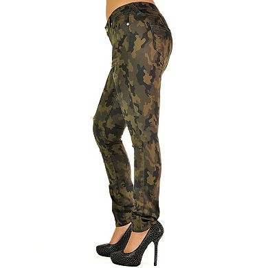 Poetic Justice Women Curvy Fit Camo Printed Stretch Twill Destroyed Low Rise Skinny Jeans