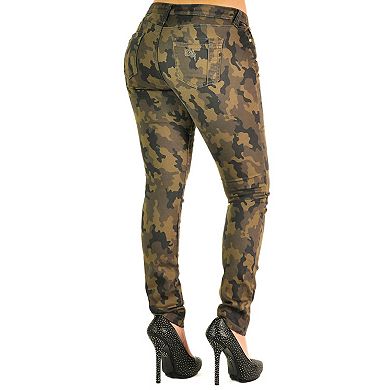 Poetic Justice Women Curvy Fit Camo Printed Stretch Twill Destroyed Low Rise Skinny Jeans