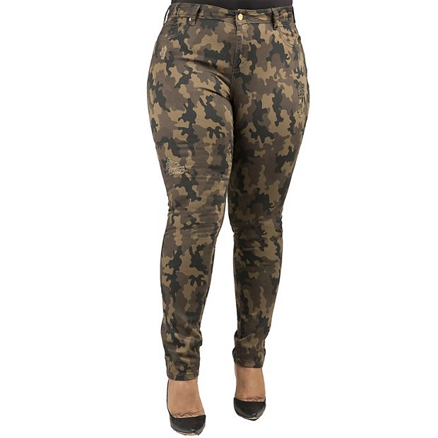 Poetic Justice Women Curvy Fit Camo Printed Stretch Twill Destroyed Low  Rise Skinny Jeans