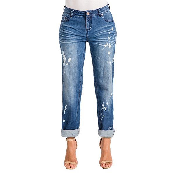 Poetic Justice Women's Curvy Fit Bleach Spots Rolled Cuff Boyfriend Jeans