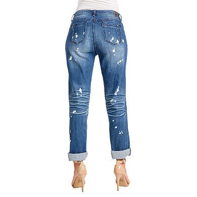 Poetic Justice Women's Curvy Fit Bleach Spots Rolled Cuff Boyfriend Jeans