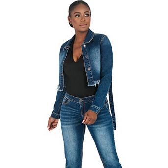 Poetic Justice Curvy Women's Strap Frayed Hem Indigo Tinted Cropped Jean Jacket