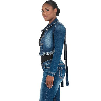 Poetic Justice Curvy Women's Strap Frayed Hem Indigo Tinted Cropped Jean Jacket