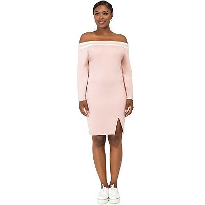 Poetic Justice Curvy Women's Atheletic Stripe Off-The-Shoulder Knee-Length Dress Mauve X Large