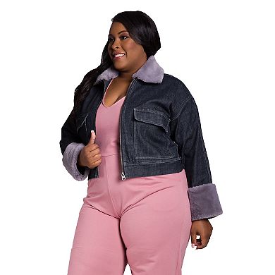 Poetic Justice Women's Plus Size Zip Up Faux Fur Trim Trucker Jacket