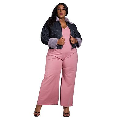 Poetic Justice Women's Plus Size Zip Up Faux Fur Trim Trucker Jacket