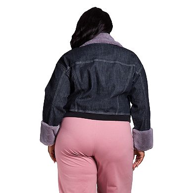 Poetic Justice Women's Plus Size Zip Up Faux Fur Trim Trucker Jacket