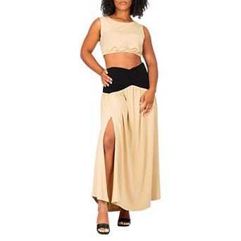 Poetic Justice Women's V Waist A Line Side Slit Flared Maxi Skirt