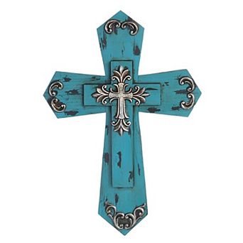 FC Design 15.75"H Decorative Wood Cross in Turquoie Religious Statue Wall Decoration Figurine