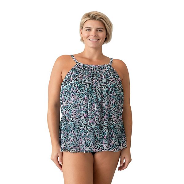 Plus Size Del Raya Hi-Neck Mesh Waterfall Tankini Top