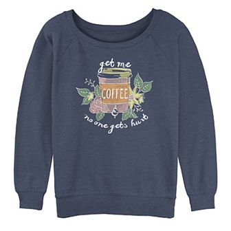 Juniors' Get Me Coffee No One Gets Hurt Sketch Cup Oversized Graphic Sweatshirt