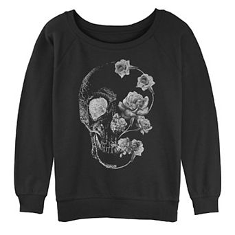Juniors' White Skull Split Floral Graphic Pullover