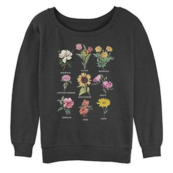 Juniors' Trendy Botanical Flower Chart Graphic Pullover