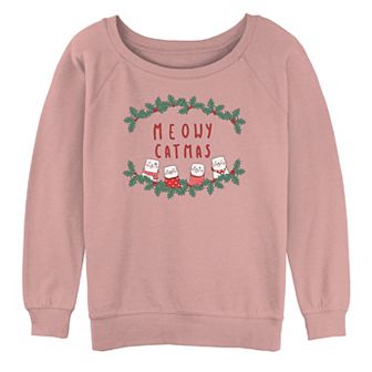 Juniors' "Meowy Catmas" Cats & Mistletoe Oversized Graphic Sweatshirt