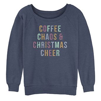 Juniors' "Coffee Chaos & Christmas Cheer" Colorfull Text Oversized Graphic Sweatshirt