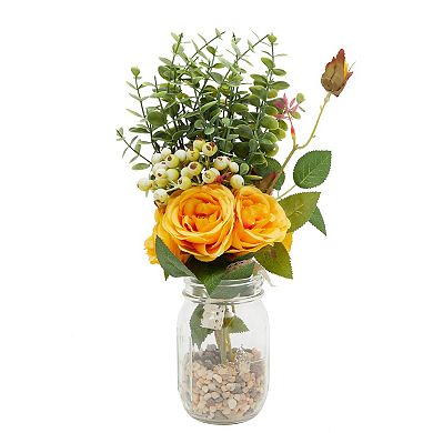 Yellow Silk Roses, Eucalyptus and Berry Bridal Bouquet, Wedding Centerpiece (15.7x7 In)