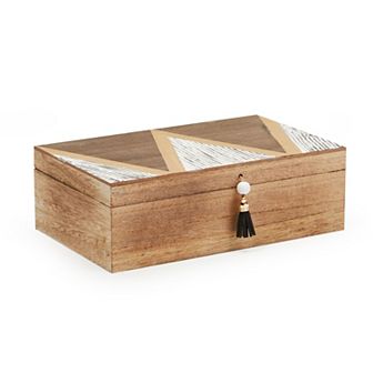 Small Wooden Decorative Box with Lid and Tassel for Jewelry, Trinket Storage (9.4 x 6 x 3 in