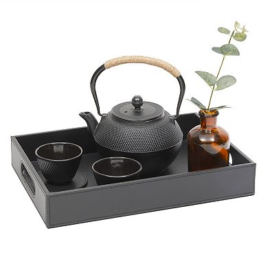 Black Leather Serving Tray Set with Handles, 2 Sizes for Coffee Table (2 Piece Set)