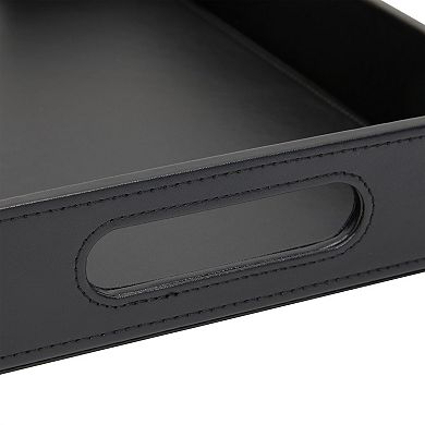 Black Leather Serving Tray Set with Handles, 2 Sizes for Coffee Table (2 Piece Set)
