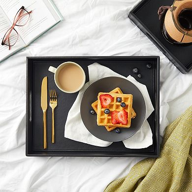 Black Leather Serving Tray Set with Handles, 2 Sizes for Coffee Table (2 Piece Set)