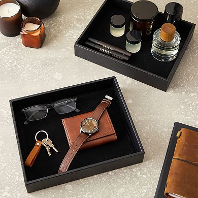 2 Pack Faux Leather Catchall for Men, Valet Tray Organizer, Black, 10 x 8 x 2