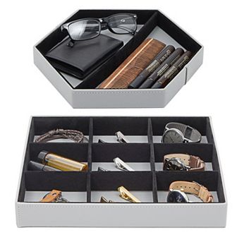 Set of 2 Faux Leather Valet Tray for Men, Customizable Catch All Trays, Gray