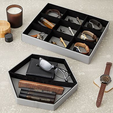 Set of 2 Faux Leather Valet Tray for Men, Customizable Catch All Trays for Keys, Wallet, Watch (2 Shapes, Gray)