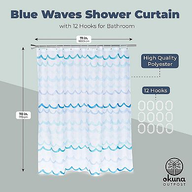 Okuna Outpost Blue Waves Shower Curtain Set with 12 Hooks, Beach Bathroom Decor (70 x 71 in)