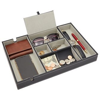 Leather Valet Catchall Tray For Men With 6 Compartments For Phones (black)