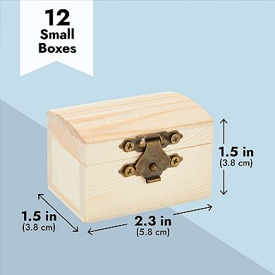 12 Pack Wooden Boxes for Crafts, Small Unfinished Wood Treasure Chest Style Box with Front Clasp, Pirate Decorations (2.3 x 1.5 Inches)