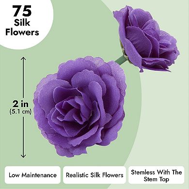75 Pack Purple Flowers for Crafts, 2 Inch Stemless Silk Cloth Roses