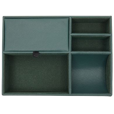 5 Compartment Emerald Green Leather Valet Tray for Wallet, Keys (10 x 7.3 x 2 In)