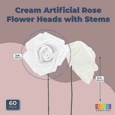 3-inch Artificial Rose Flowers Heads With Stems (60 Pack), Cream