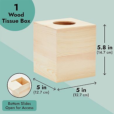 Unfinished Wood Tissue Box Cover for DIY Crafts, Square Wooden Holder with Slide Out Bottom for Home Decor (5 x 5.8 In)